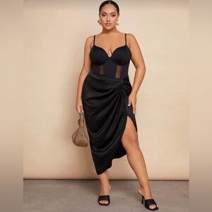 NWT Black Draped Midi Skirt with Side Slit XL
